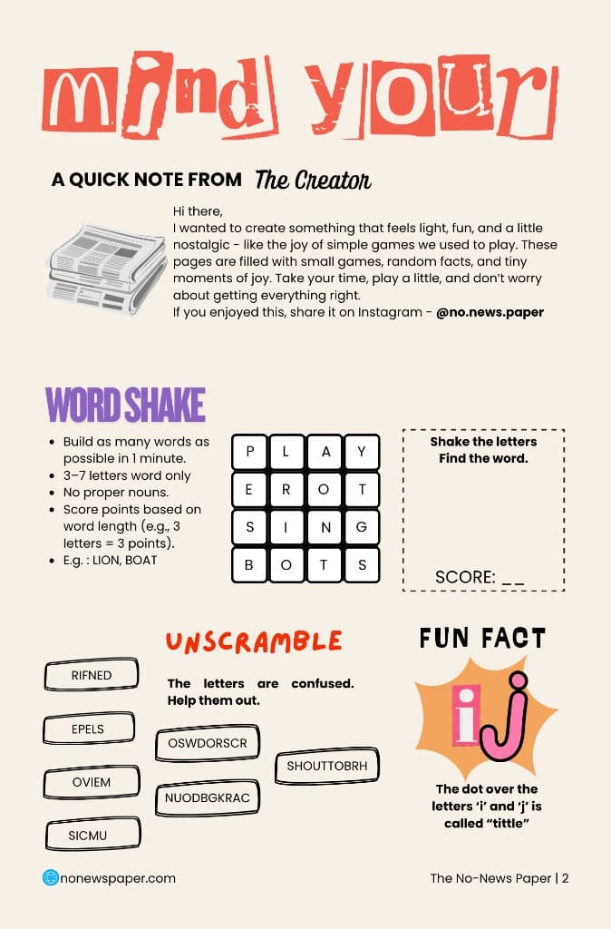 Mind your — creator note and word games inside the cover