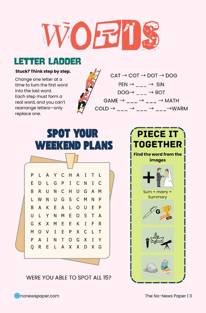 Words spread — letter ladder, word search, and piece-it-together puzzles