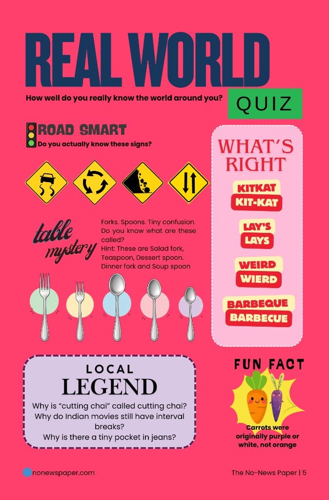Real World quiz — road signs, spelling, and local legend