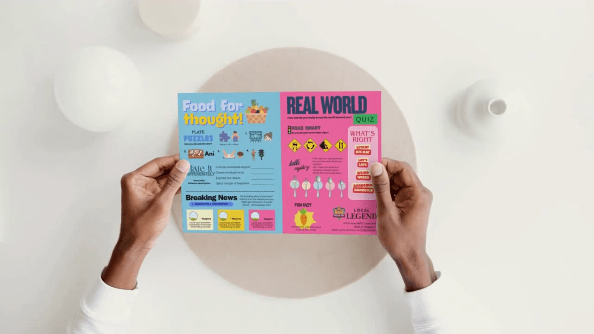 Food for thought spread mockup from The No-News Paper
