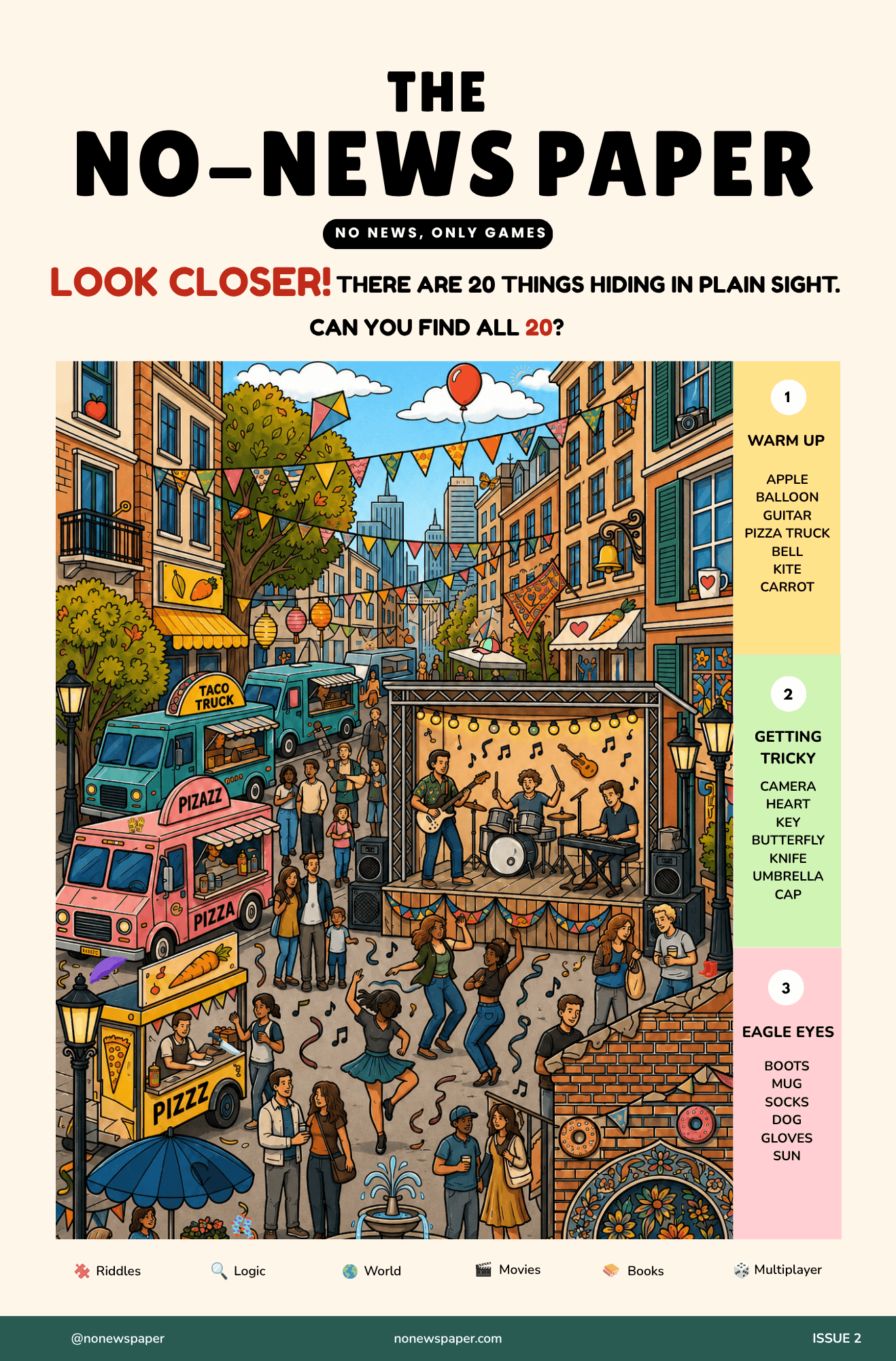 Front cover of The No-News Paper Issue 2 — find 20 things hiding in plain sight