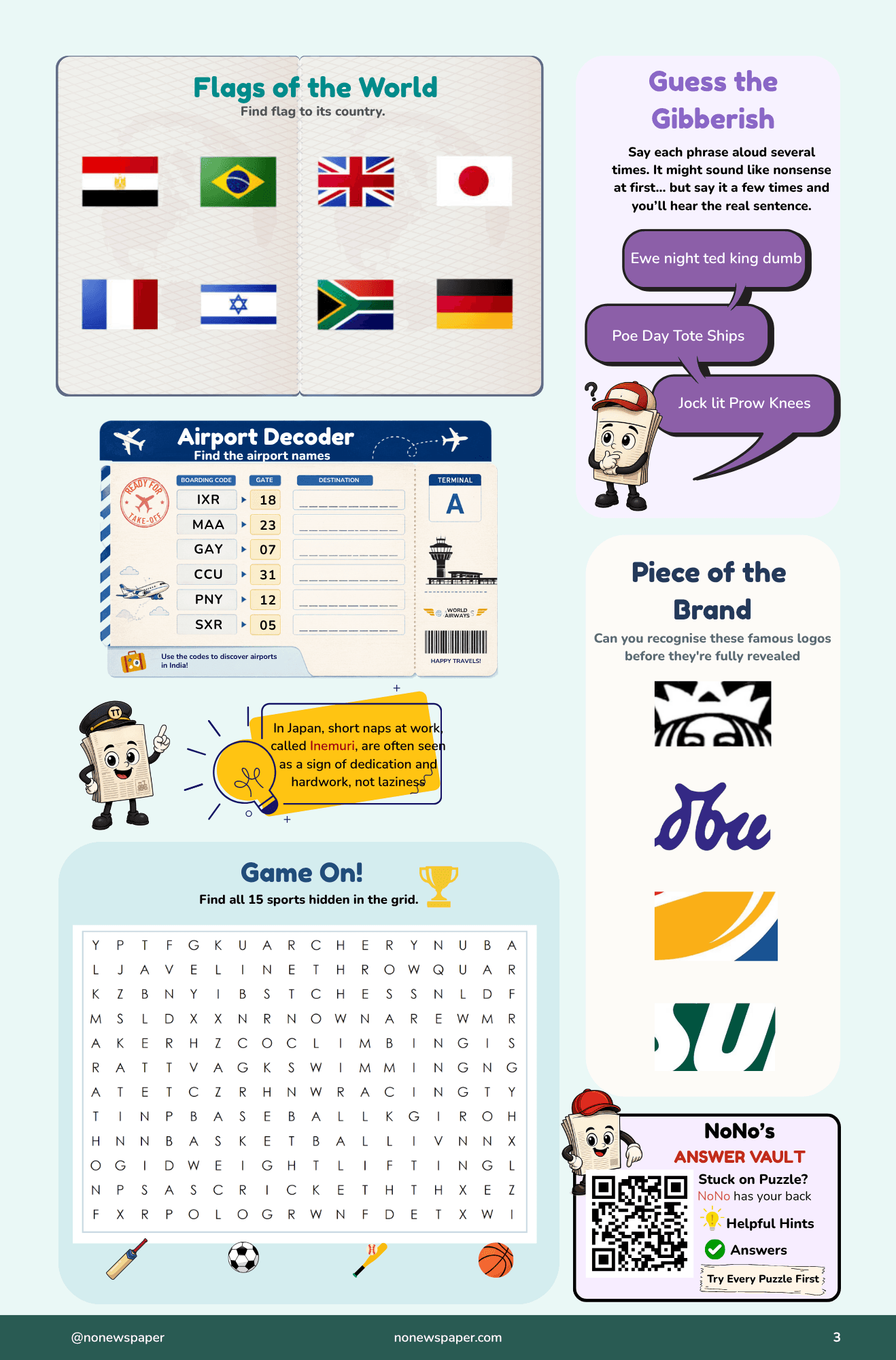 Flags of the World, gibberish, airport decoder, and more