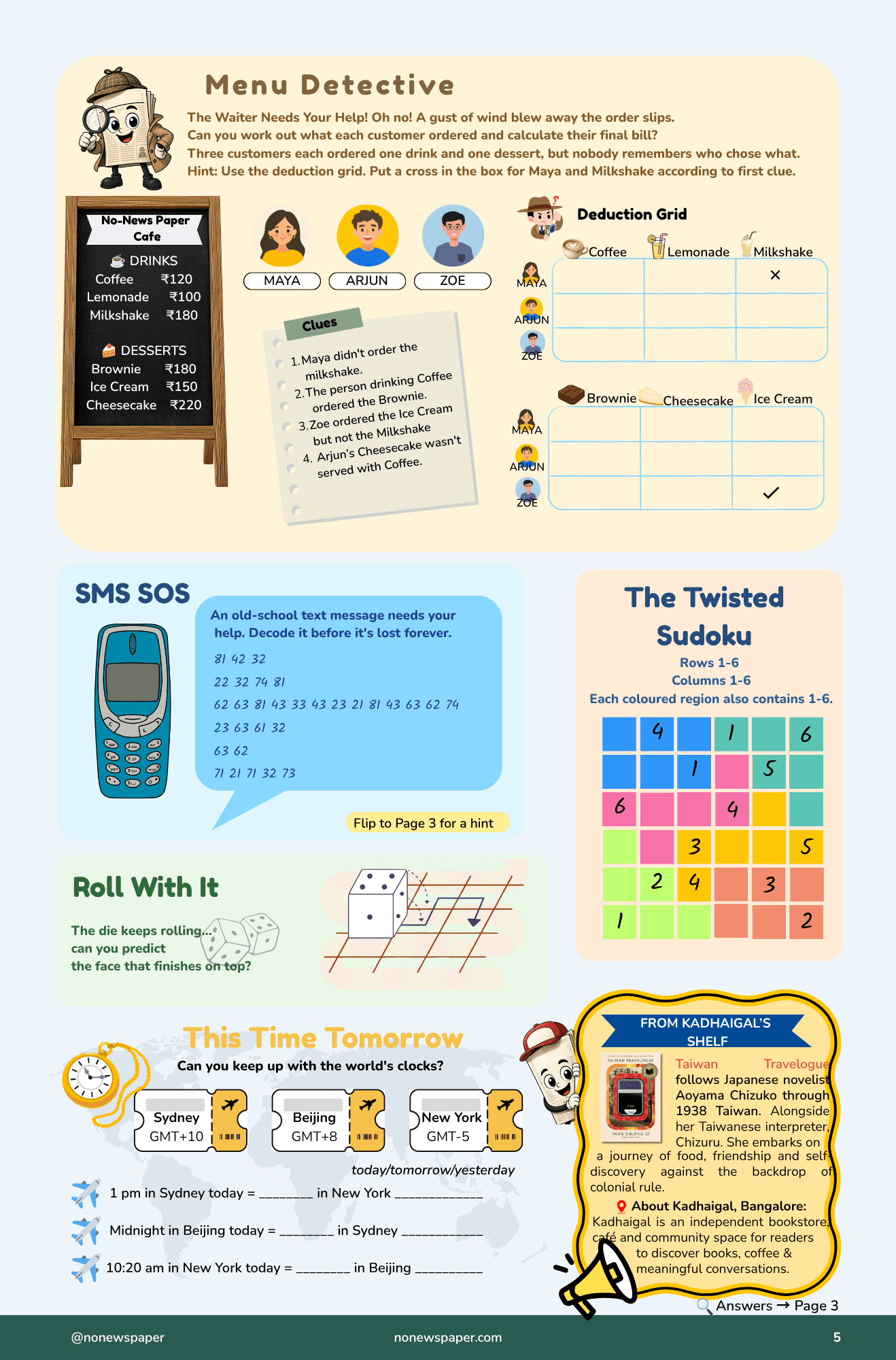 Menu Detective, SMS SOS, twisted sudoku, and time zones