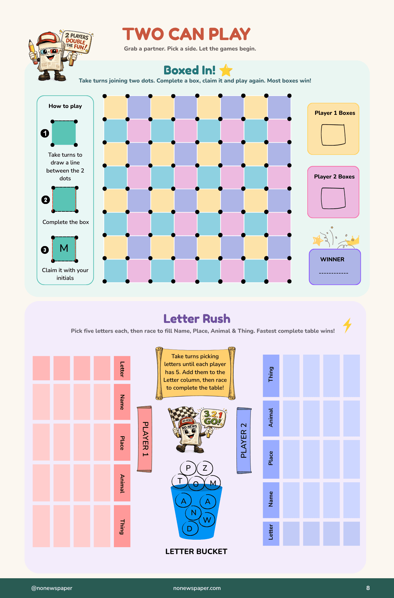 Boxed In and Letter Rush — two-player games on the back cover