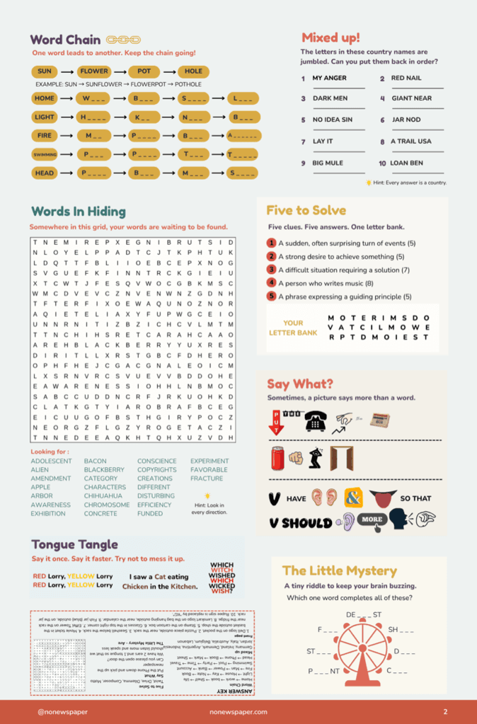 Word Chain, Mixed Up countries, Words In Hiding, and tongue twisters