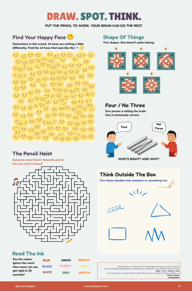 Happy faces, pencil heist maze, Stroop ink test, and doodle prompts