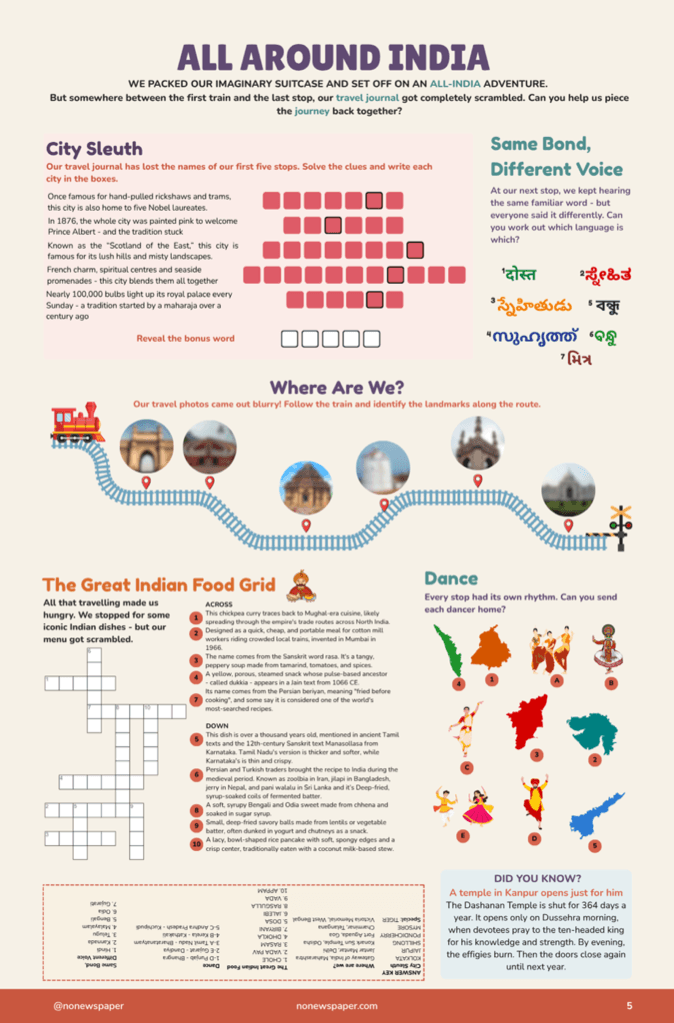 City Sleuth, Indian food crossword, dance match, and landmark train ride