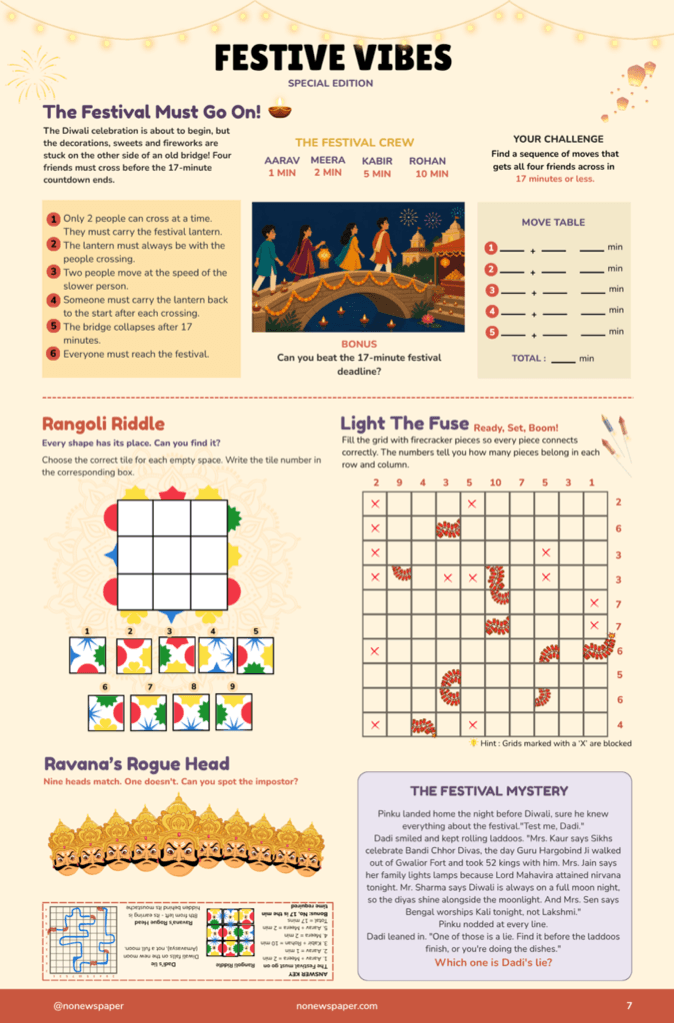 Diwali bridge puzzle, Rangoli Riddle, Light the Fuse, and Ravana's Rogue Head