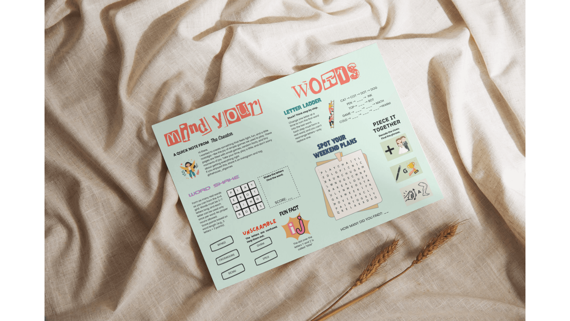 Mind your words activity page mockup from The No-News Paper