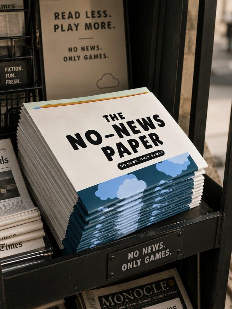 Stack of The No-News Paper on a newsstand shelf