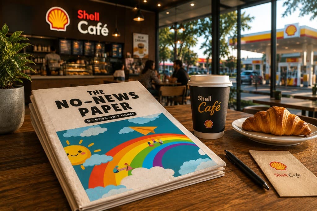 The No-News Paper on a table at Shell Café with coffee and pastry, Shell station visible through the window