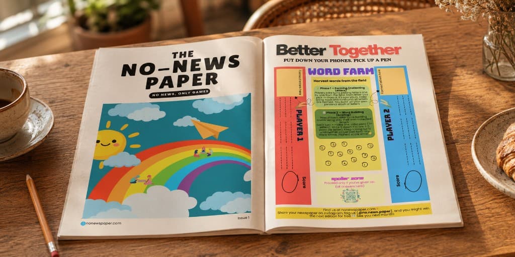 The No-News Paper open on a table — games and puzzles to pass around, not scroll