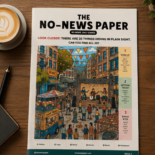 Issue 2 of The No-News Paper on a wood table with latte and pen