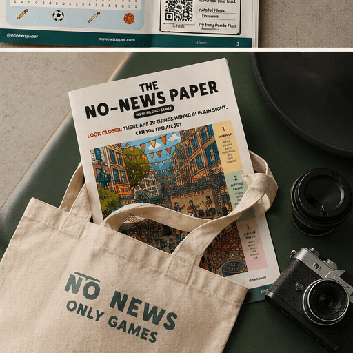 No News Only Games tote with The No-News Paper, camera, and coffee